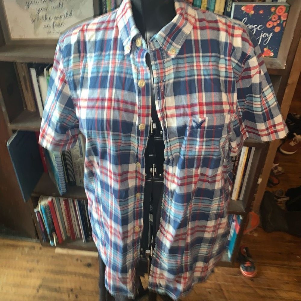 American Eagle plaid shirt sleeve button down L slim fit shirt